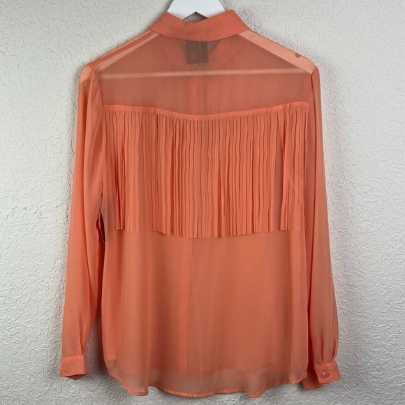NWT BISOU BISOU Womens L Peach Semi Sheer Fringe Long Sleeve Button Down Shirt - Picture 4 of 7